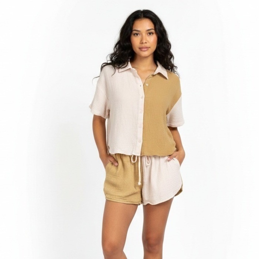 Lena Oversized 100% Cotton Colorblock Short Set Neutral Beachy Cool Girl Size S